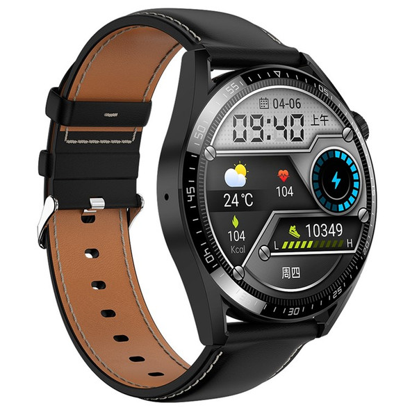 HK3PLUS Smart Watch 1.36 Inch 390x390 Full Touch Screen NFC Bluetooth Call Voice Control Wristband, Leather Strap - Black