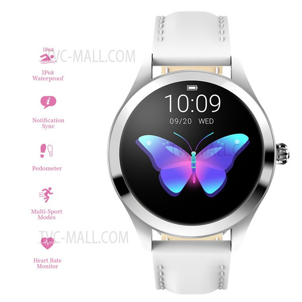 KW10 Bluetooth Women's Smart Watch IP68 Waterproof Support Heart Rate/Sleep Monitor with Leather Strap - White