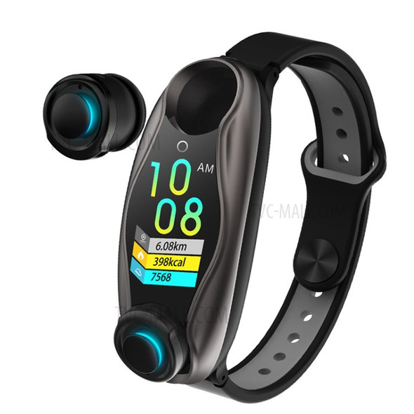 LT04/T90 Fitness Bracelet Wireless Bluetooth Earphones 2-in-1 Waterproof Sport Smart Watch - Black