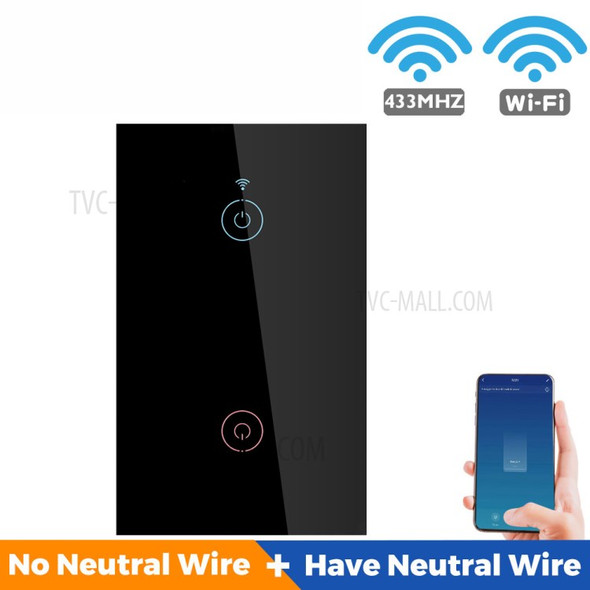 TMW4-01 433RF Remote Control Tuya WiFi Smart Touch Switch Light No Neutral Wire US Plug for Alexa Google Home, 2 Gang WiFi - Black
