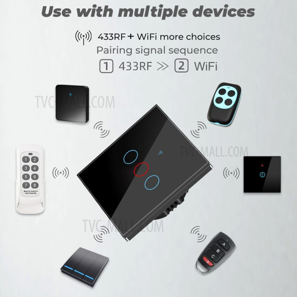 SMATRUL TMW403 Tuya/Smart Life APP Remote Control WiFi+433MHZ Touch Switch EU Plug for Alexa Google Home, 3 Gang WiFi - Black