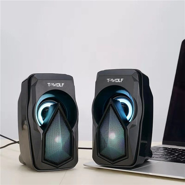 T-WOLF S11 1Pair Small Computer Speakers with RGB Light USB Powered Bass Stereo Subwoofer Speaker for Laptop, Mobile Phone, MP3, MP4