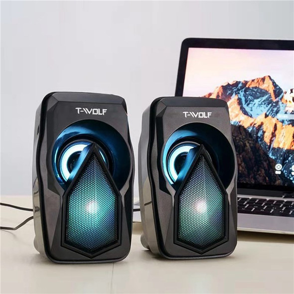 T-WOLF S11 1Pair Small Computer Speakers with RGB Light USB Powered Bass Stereo Subwoofer Speaker for Laptop, Mobile Phone, MP3, MP4