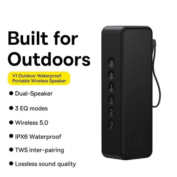 BASEUS V1 Outdoor Waterproof Portable Wireless Speaker with 0.5m 3A Type C Charging Cable and AUX Cable - Black