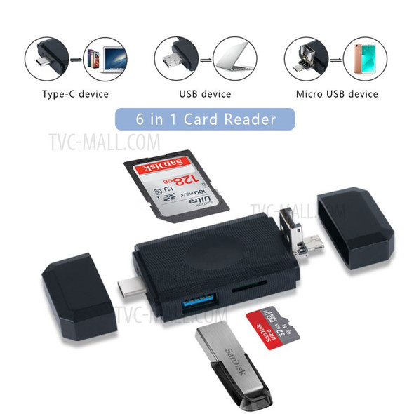 YK623 6-in-1 Multi-function Card Reader with Type-C USB Port Micro USB SD/TF