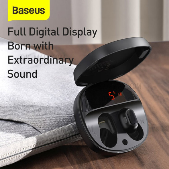 BASEUS ENCOK WM01 Plus TWS Bluetooth Wireless Earphone Headset Headphone with Digital Display and Charging Case - Black