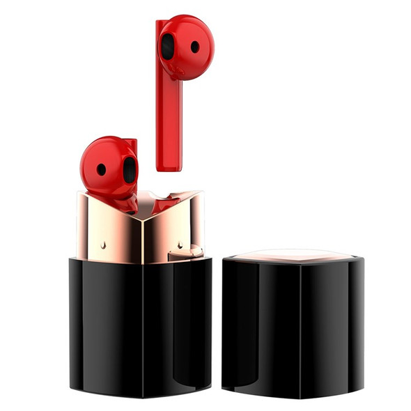 F1 Creative Bluetooth 5.0 Lipstick Headset TWS Wireless Earbuds Portable Stereo Earphones with Charging Case for Couple - Black