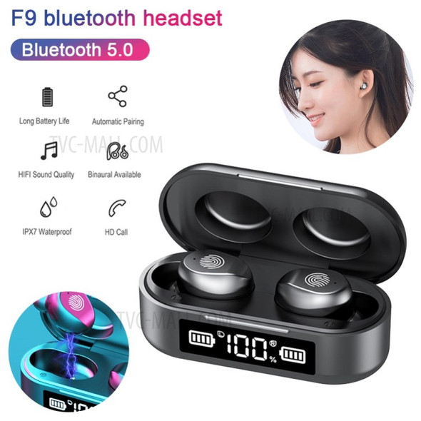 F9 TWS Bluetooth 5.0 Earphones Noise Reduction Wireless Earbuds with LED Digital Display Charging Bin