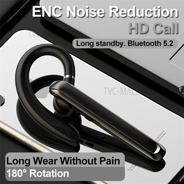 880 Business Single Ear Headset ENC Noise Reduction Long Standby Wireless Bluetooth Earphone 180-degree Rotating Ear Hook Headphone - Black