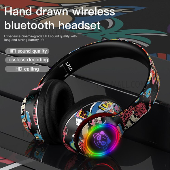L750 Bluetooth Headset Cool Graffiti Headphone with LED Light Earphone Support TF Card/3.5mm Audio Wired for Mobile Phone Computer Laptop - Black