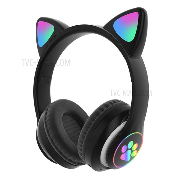 STN-28 3.5mm+Bluetooth 5.0 Dual Connection RGB Cat Ear Bass Stereo Noise-cancelling Headphones with Mic - Black