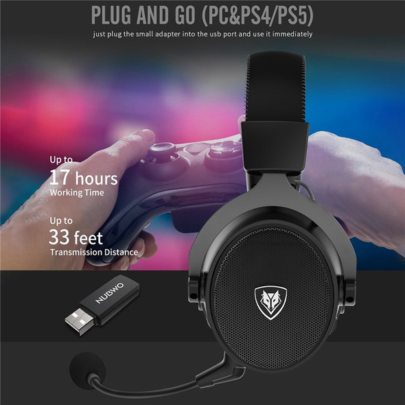 NUBWO G07 2.4G Gaming Headset Wireless Headphone with Noise Reduction Mic Stereo Cordless Earphone for PC, Laptops, PS4, PS5, Nintendo Switch - Black