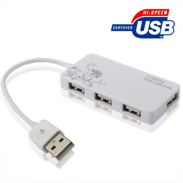 4 Ports USB 2.0 HUB, Plug and Play, White