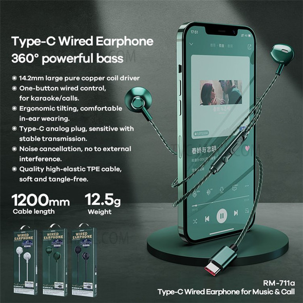 REMAX RM-711a Music Call Mic Headphone Powerful Bass Type-C Wired Earphone - Green
