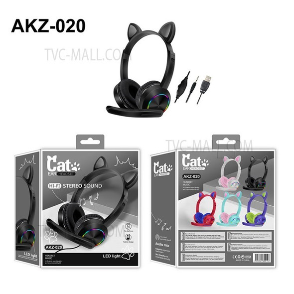 For Phones PC Tablet Kids Colorful Light Wired Cat Ear Headphones with Mic - Black