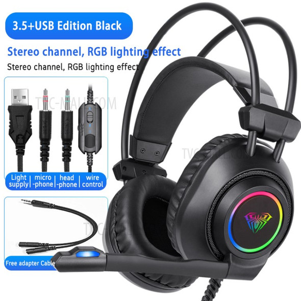 AULA S600 RGB Over-Ear Headphone 7.1 Surround Stereo Sound USB+3.5mm PC Gaming Headset with Microphone - Black