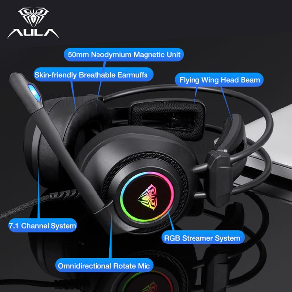 AULA S600 RGB Over-Ear Headphone 7.1 Surround Stereo Sound USB+3.5mm PC Gaming Headset with Microphone - Black