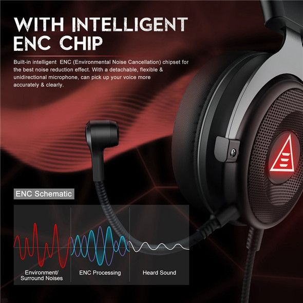 EKSA E900 Plus USB Gaming Headset Virtual 7.1 Surround Sound ENC Noise Cancellation LED Headphone
