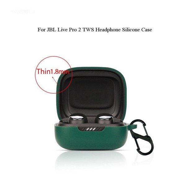 For JBL Live Pro 2 TWS Bluetooth Earbuds Silicone Case Cover Drop-Proof Soft Protector with Anti-Lost Buckle - Blackish Green