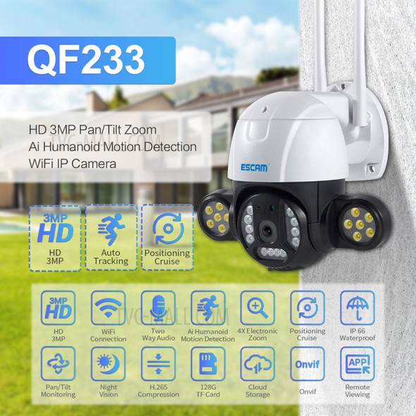 ESCAM QF233 Waterproof HD 3MP PTZ Motion Detection WiFi IP Two-Way Voice Dual-Light Source Night Vision H.265 Security Camera - US Plug