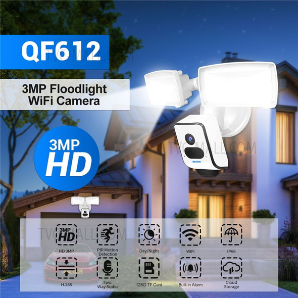ESCAM QF612 3.0MP WiFi Camera Waterproof PIR Motion Detection Night Vision Security Floodlight Camera - US Plug