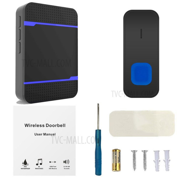 N15K-B IP55 Waterproof Wireless Doorbell Kit 2 Transmitter + 2 Receivers Doll Bell with 55 Chimes 5 Level Volume for Home - Black / EU Plug
