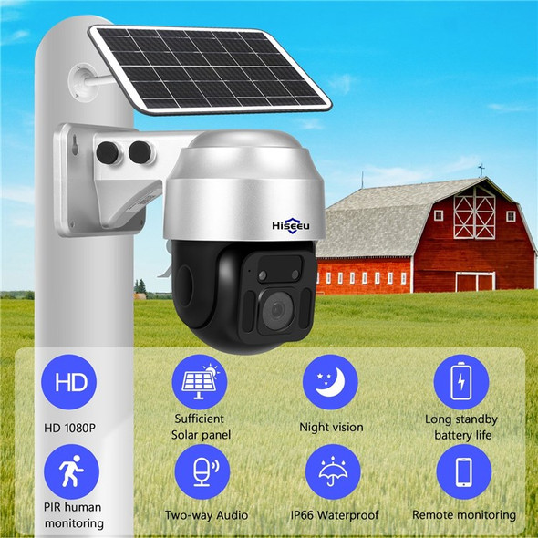 HISEEU Solar Security Camera Outdoor 2MP Wireless WiFi PTZ Surveillance Camera Infrared Night Vision 2-Way Audio PIR Motion Detection Camera