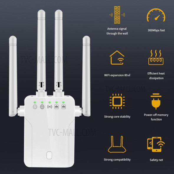 M-95B Wireless Repeater WiFi Router 300M Signal Amplifier Extender 4 Antenna Router Signal Amplifier for Office Home - US Plug/White