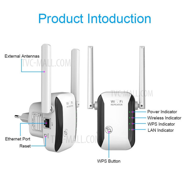 WR229-2 Wireless WiFi Repeater Router 2.4G 300Mbps Network Signal WiFi Amplifier IIEEE802.11n/b/g 2 Antenna WiFi Booster - US Plug