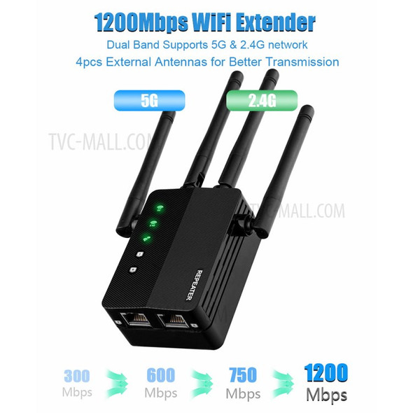 R1206U 1200Mbps Dual Band 2.4G/5G WiFi AP Router Repeater Wireless Range Extender Signal Booster (with CE,FCC,ROHS Certification) - EU Plug