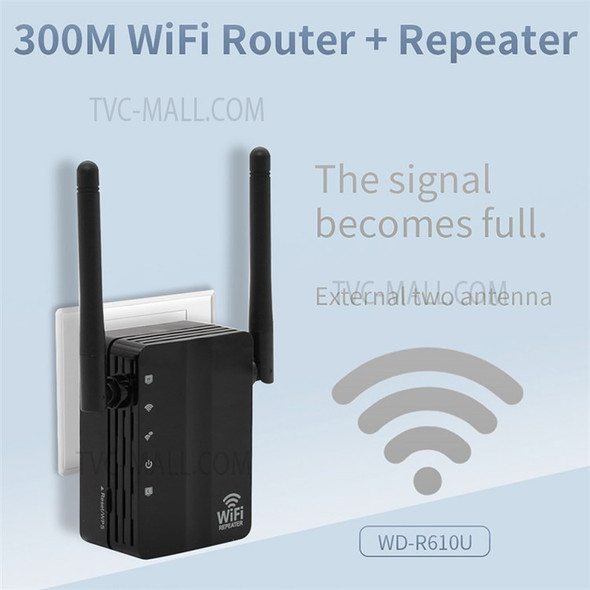 300Mbps Wireless N Range Extender 2 Port WiFi Repeater Router Signal Booster Extender Signal Amplifier for Home Travel - Black/EU Plug