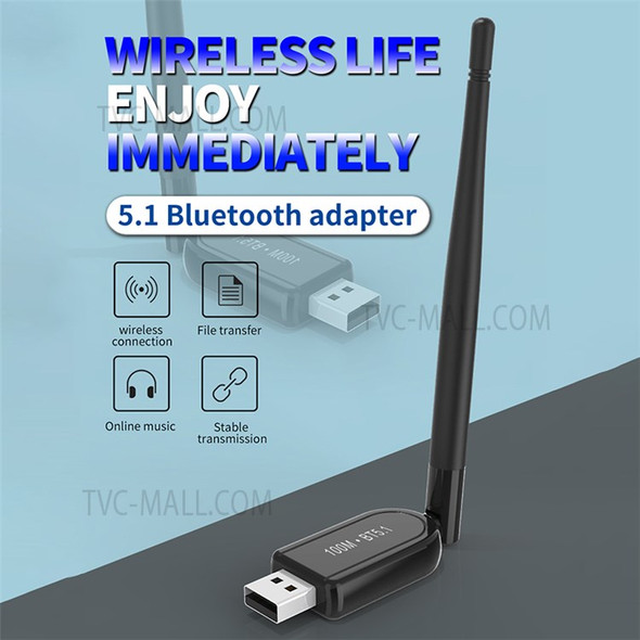 100m Bluetooth 5.1 Transmitter Stable Data Transfer Wireless USB Adapter with 2dBi High Gain Antenna