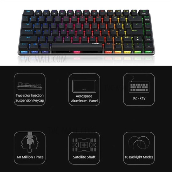 AJAZZ AK33 Computer Laptop Gaming USB Wired 82 Keys RGB Backlit Mechanical Keyboard - Black/Blue Switch