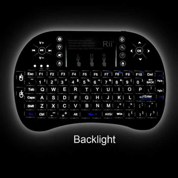 RII Mini I8+ BT Bluetooth Wireless Touchpad Keyboard with Backlight for Computer Laptop Tablet Phone - Black