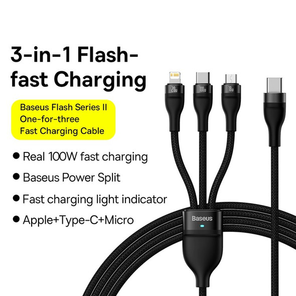 BASEUS Flash Series II One-for-Three Fast Charging Cable Type-C to Micro+iP+Type-C 100W Wire, 1.5m - Black