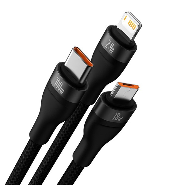 BASEUS Flash Series II USB to Micro+6 Pin+Type-C Cord One-for-Three 100W Fast Charging Data Cable, 1.2m - Black