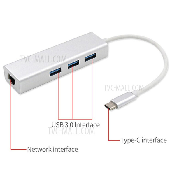 Type-C to 3 USB 3.0 + RJ45 Gigabit Ethernet Port Adapter Hub - Silver