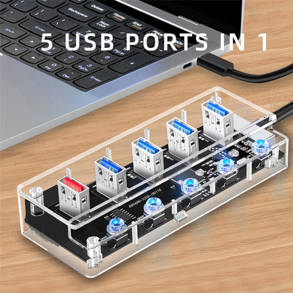 1718C Clear Design 5-in-1 USB C Hub to 4*USB 3.0 Ports and 1*2.1A Fast Charging Port Adapter Fast Charging USB C Hub for Laptops Computers Mobile Phones