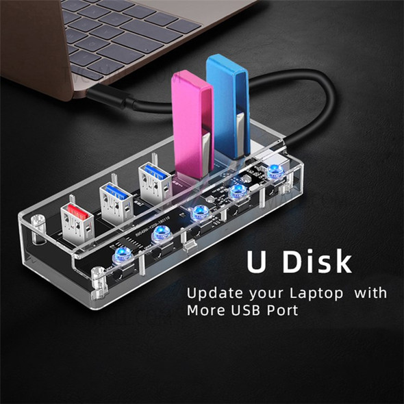 1718C Clear Design 5-in-1 USB C Hub to 4*USB 3.0 Ports and 1*2.1A Fast Charging Port Adapter Fast Charging USB C Hub for Laptops Computers Mobile Phones
