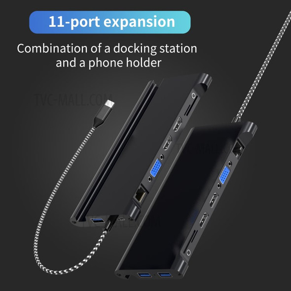 YK9059 11-in-1 Multi-port Type-C HUB with Phone Holder Stand Function