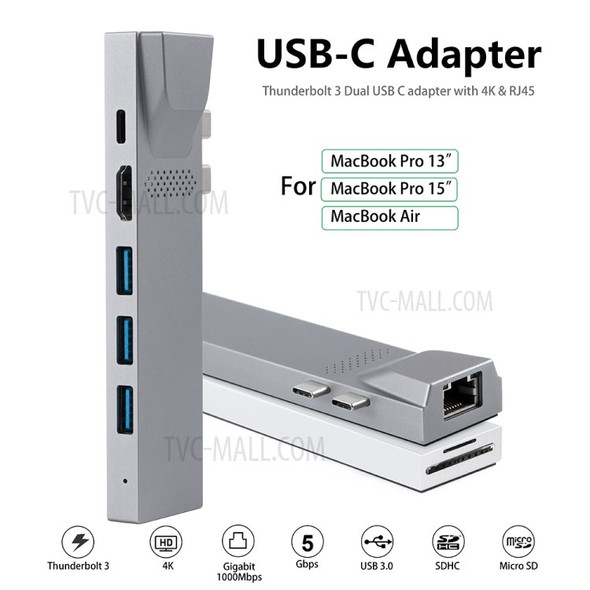 YK0168 8-in-1 Multi-port Adapter Type-C Hub with Thunderbolt 3+3*USB3.0 Ports+Gigabit+SD/TF Port