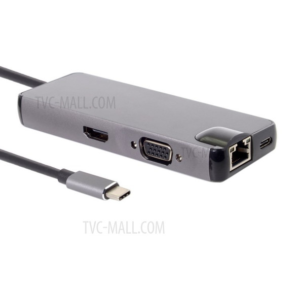 CY UC-059 8-in-1 USB-C Multi-port Adapter Type-C Hub with USB3.0 x 2 + HDMI + VGA + SD/TF + Gigabit Ethernet + Type-C Charging Port