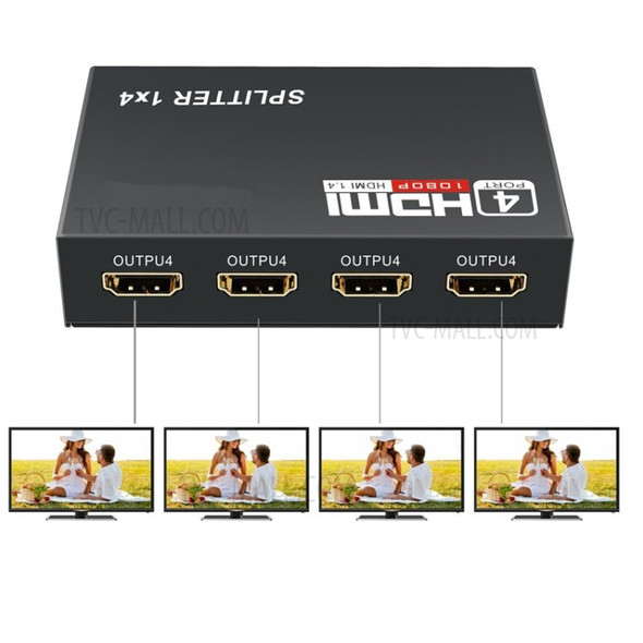 1x4 HDMI Splitter 1 Input to 4 Output HDMI Video Monitor Splitter Support 3D and Full HD 1080P Resolution - EU Plug