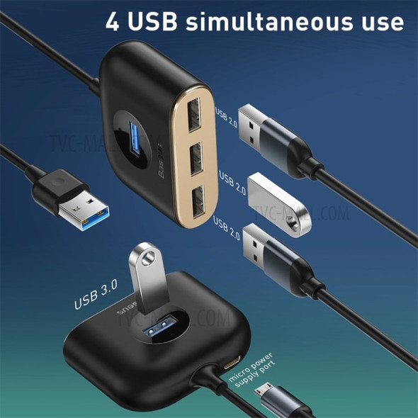 BASEUS SQUARE ROUND 4 in 1 USB HUB Adapter (USB3.0 to USB3.0*1+USB2.0*3) 1m Cable - Black