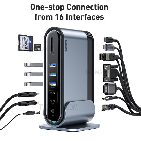 BASEUS 16 in 1 Multifunctional Docking Station USB Type-C to HDMI/RJ45/USB 3.0/SD/TF/PC/PD Hub Converter (CN+UK+EU Plug) - Dark Grey