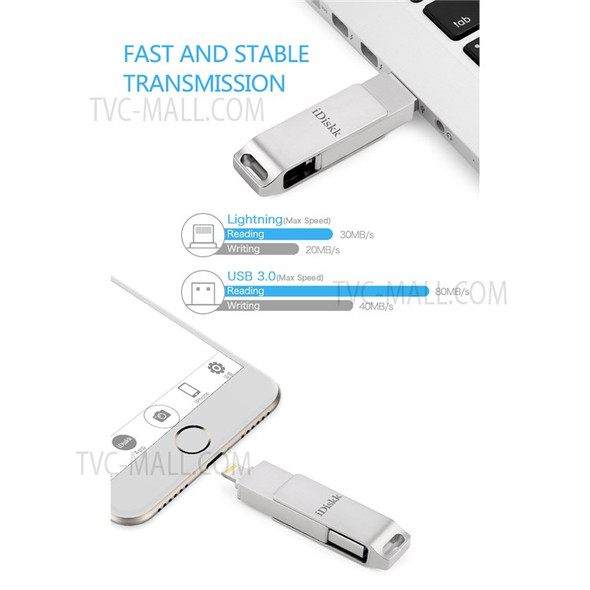 IDISKK MFI Certificated 64G 2-in-1 Lightning + USB 3.0 High Speed Metal Rotating U-Disk Flash Driver for iPhone iPad MacBook