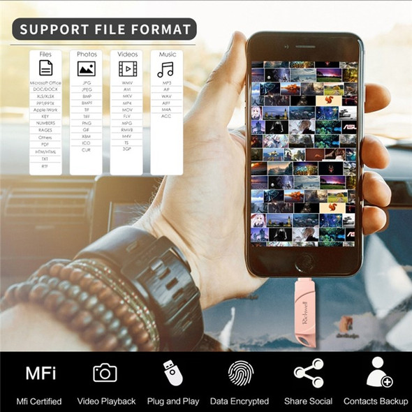 RICHWELL DN-PG31 128GB External Storage Memory Stick Flash Drive 3 in 1 Lightning/Micro/USB Swivel U Disk - Pink