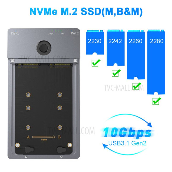 ROCKETEK ME921 M.2 NVME Enclosure Double Bracket Offline Clone/Duplicator Function SSD Hard Disk Case - US Plug