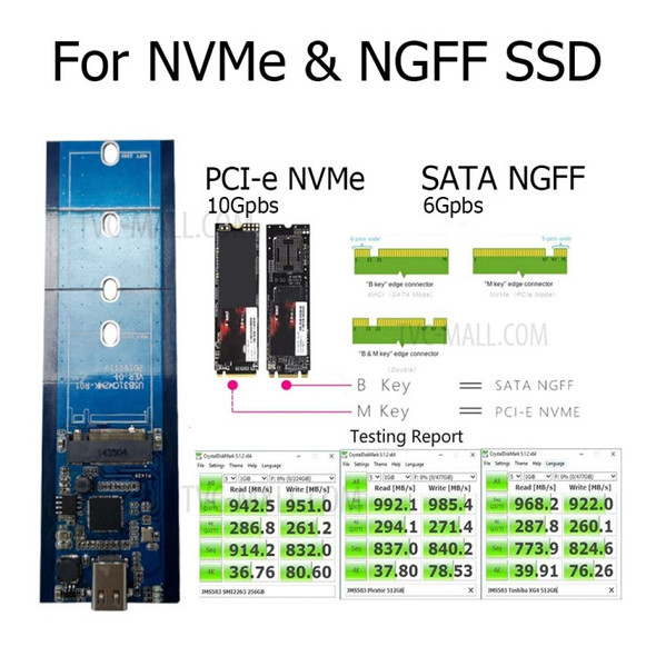 N018 Dual Cable M.2 NGFF & NVMe M Key B Key B+M Key Dual Protocol SSD External Hard Drive Enclosure