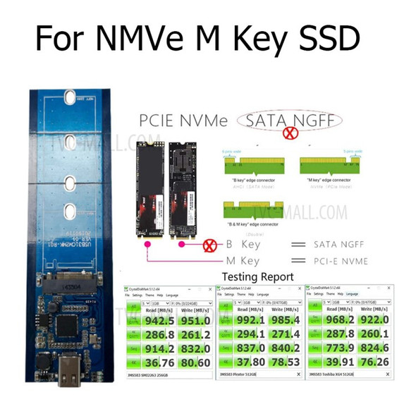 N018C Dual Cable M.2 NVMe M Key SSD to USB3.1 Type-C External Hard Drive Enclosure Hard Disk Box